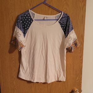 Cato Cream and Blue Short Sleeve Top